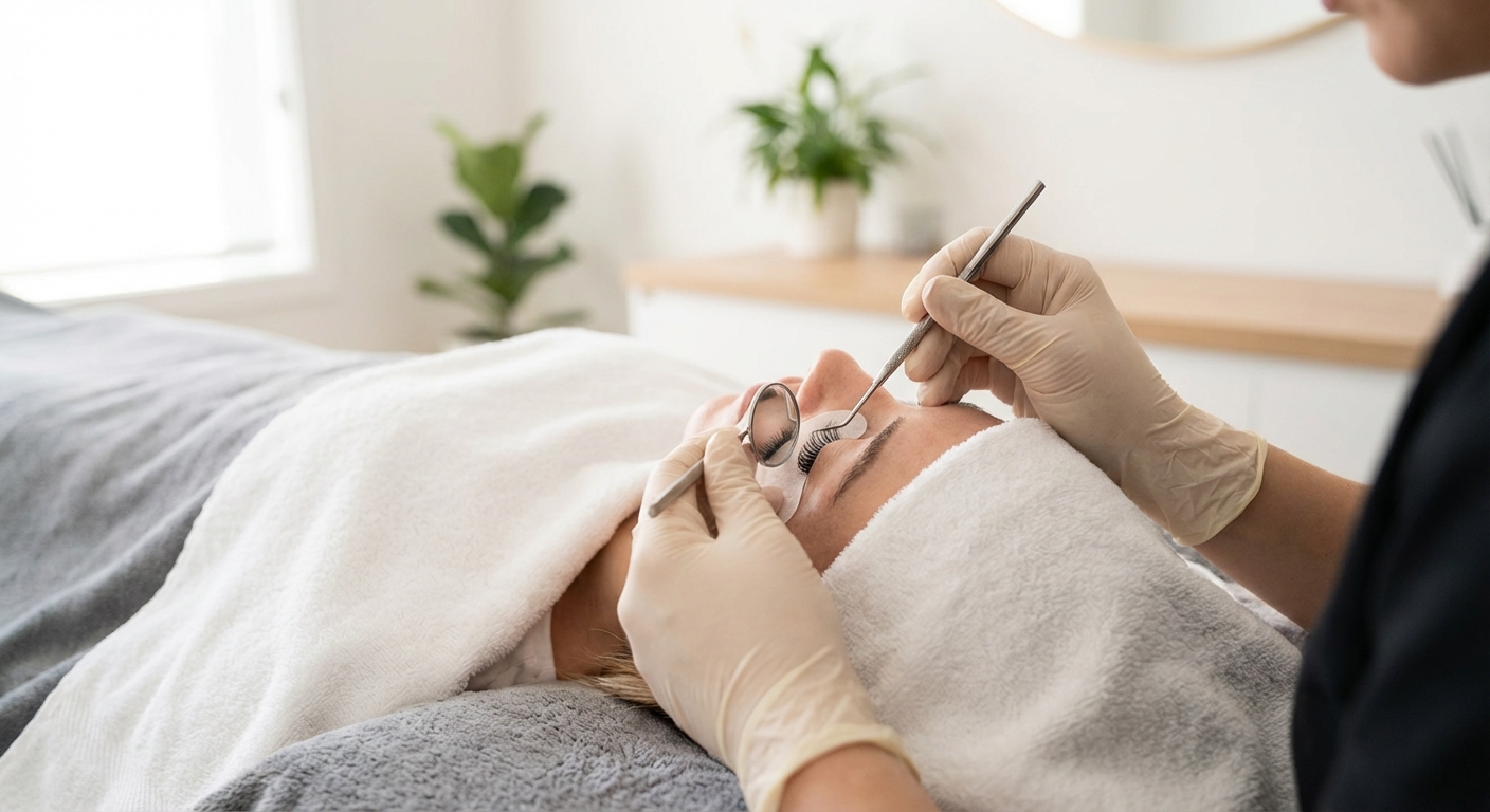 Tecnico delle ciglia che applica il trattamento